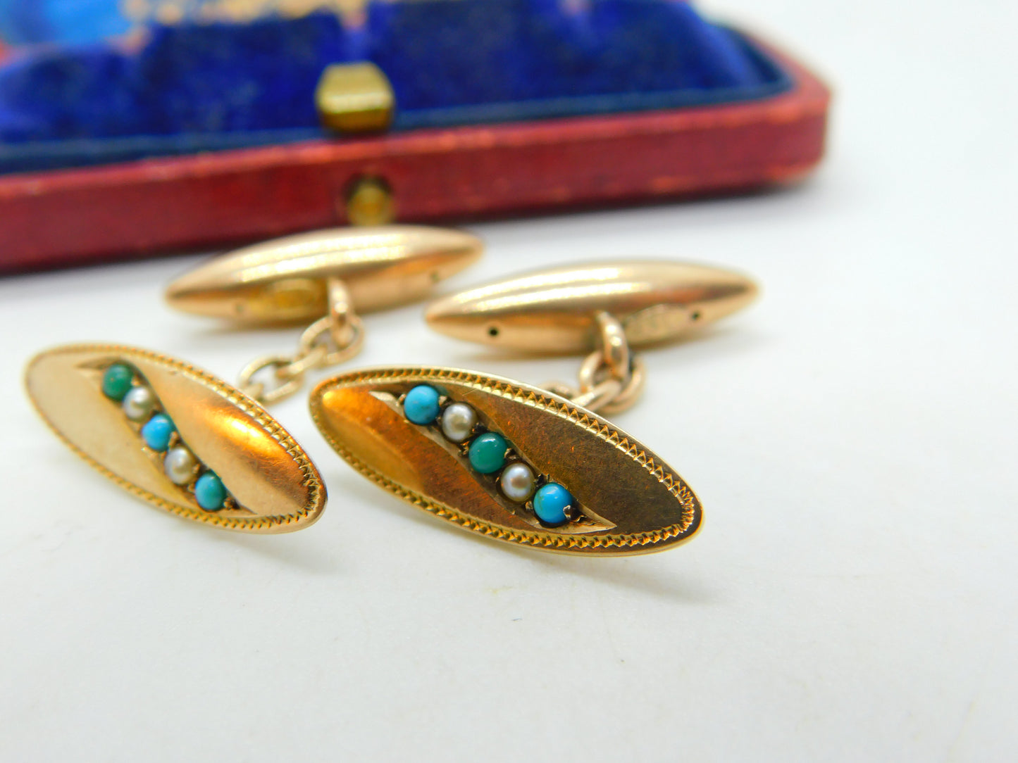 Victorian 9ct Gold, Turquoise & Pearl Set Dress Cufflinks Antique c1860