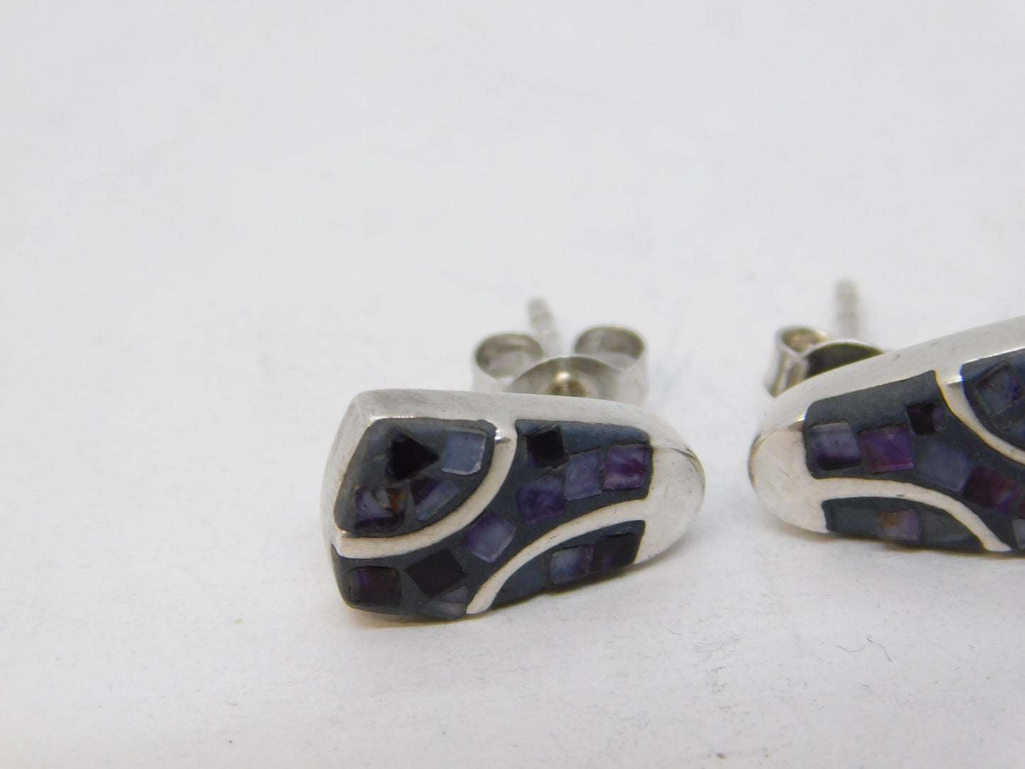 Sterling Silver Modernist Derbyshire Blue John Stud Earrings Vintage c1970