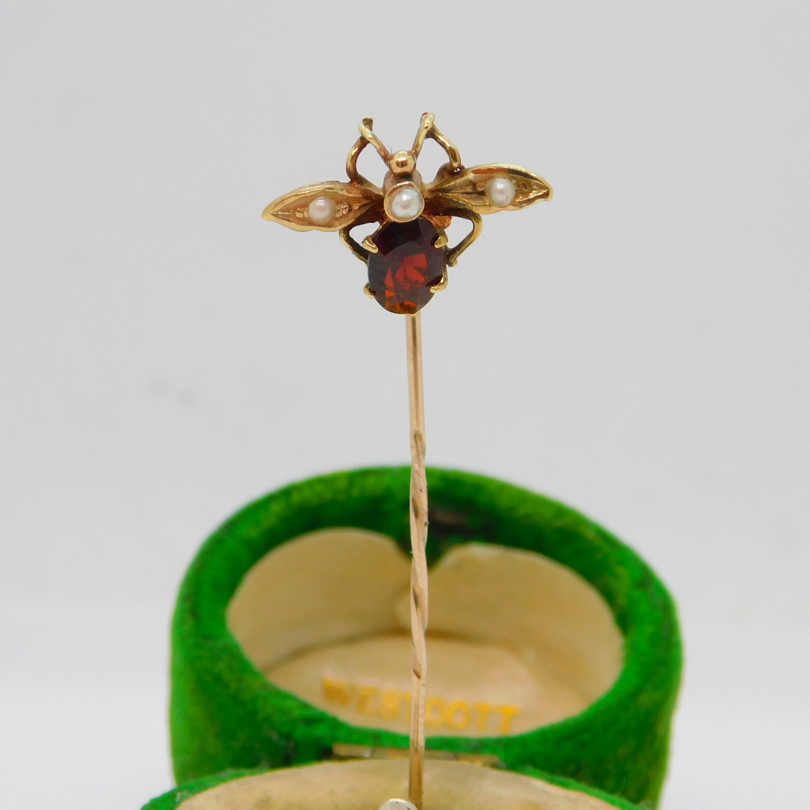 Edwardian 9ct Gold, Garnet & Seed Pearl Suffragette Bug Stick Pin Antique c1910