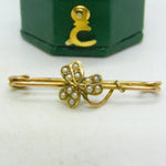 Edwardian 9ct Yellow Gold & Seed Pearl Shamrock Brooch Antique 1908 Birmingham