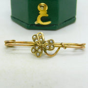 Edwardian 9ct Yellow Gold & Seed Pearl Shamrock Brooch Antique 1908 Birmingham