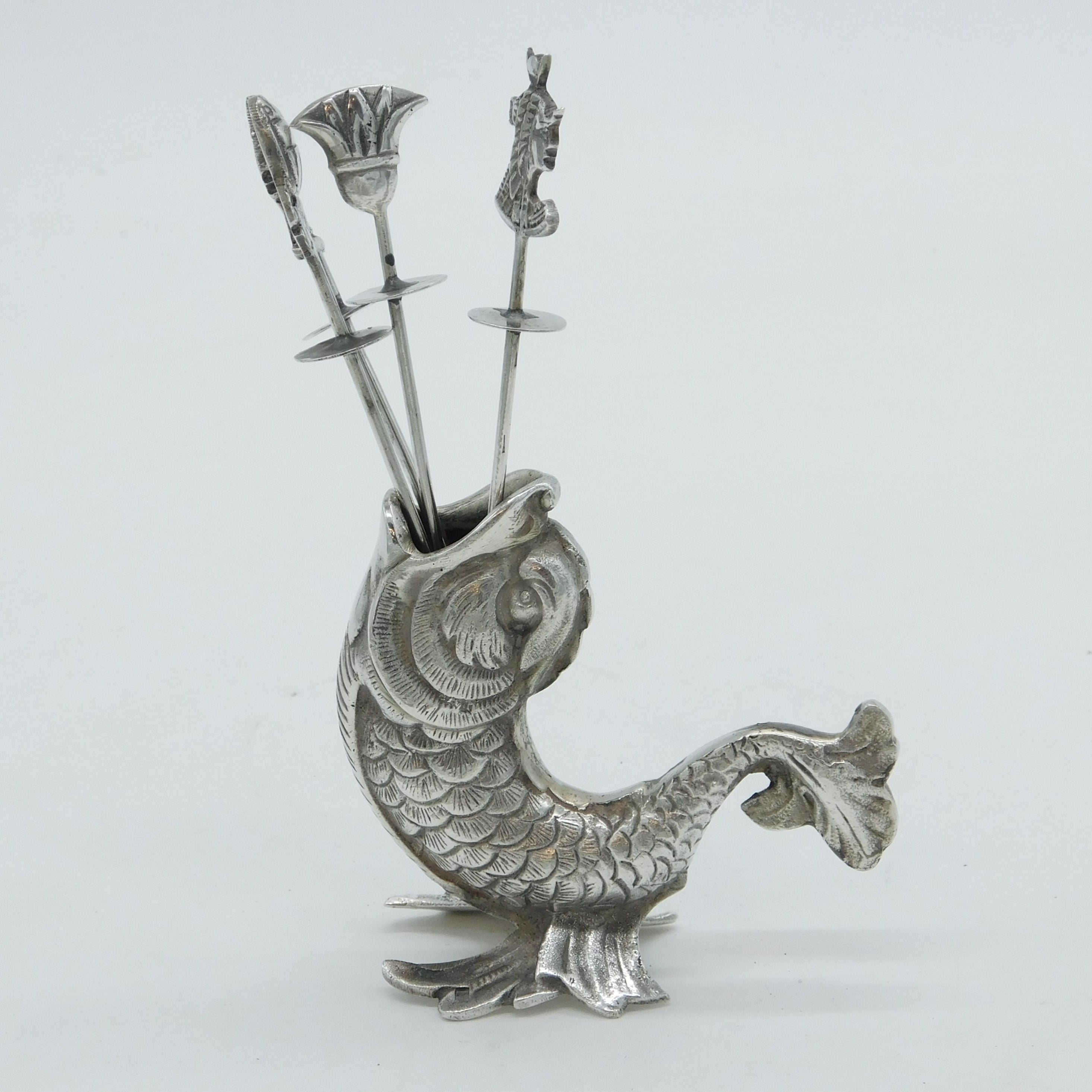 Egyptian Cast .900 Silver Fish Form Cocktail Stick Holder Antique c1920 Art Deco