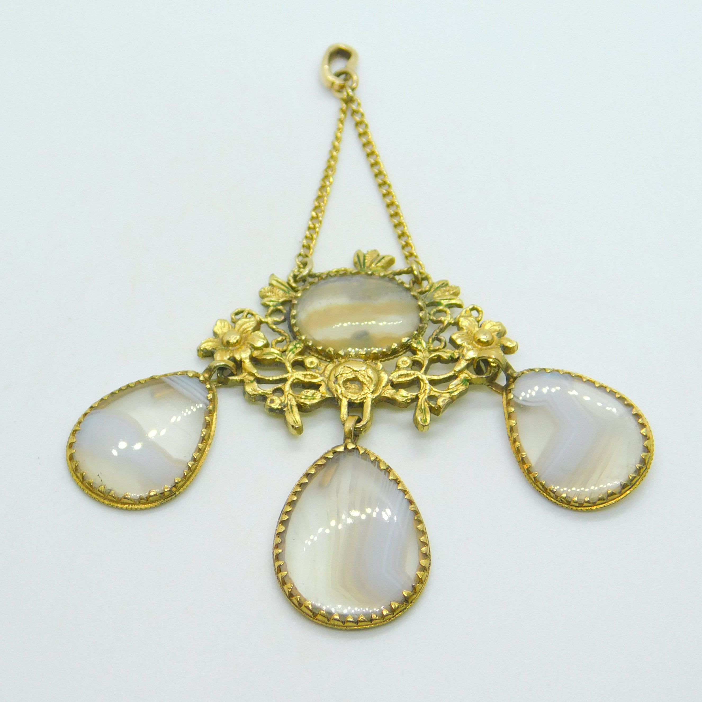 George III 9ct Gold Floral Pattern Blue Lace Agate Drop Pendant Antique c1820