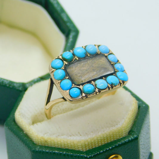 George III 9ct Gold, Turquoise & Hair Weave Mourning Ring Antique c1820