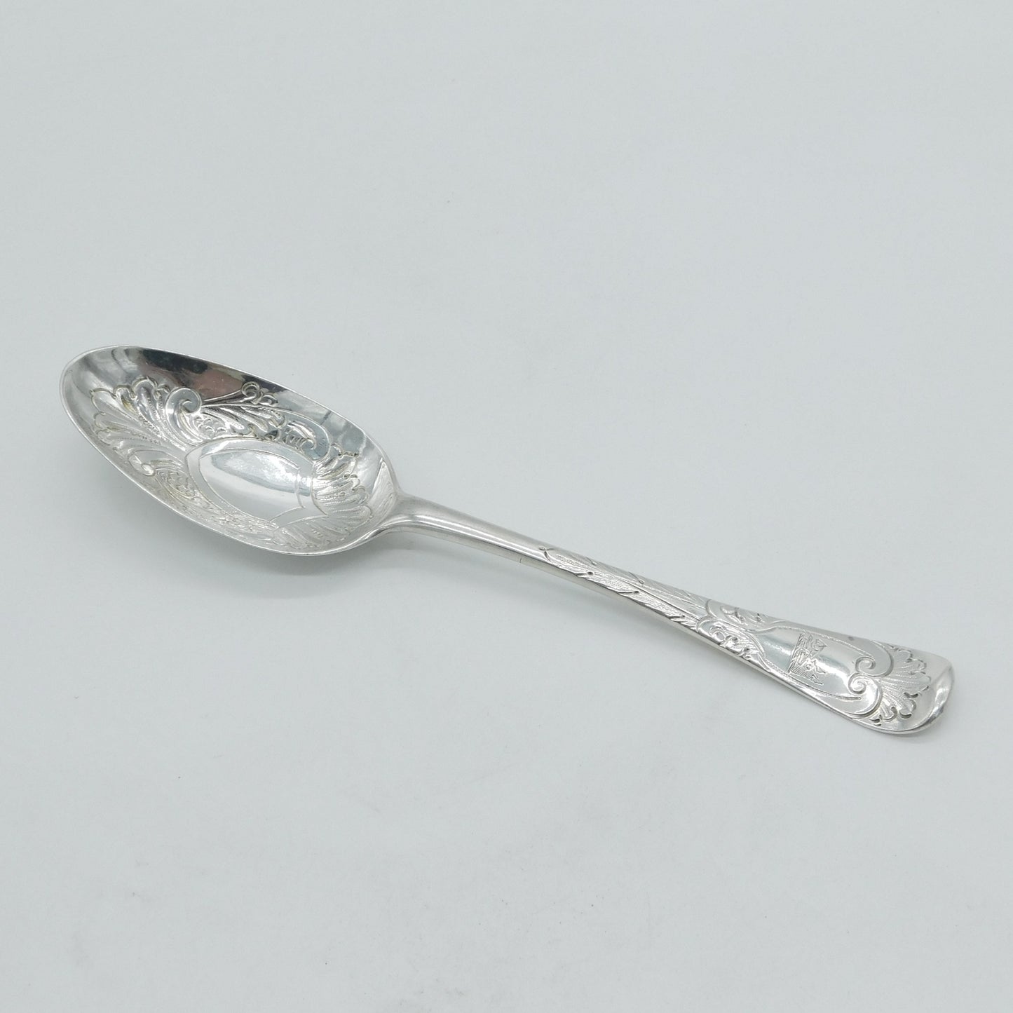 George II Sterling Silver Boar Crest Floral Serving Spoon Antique 1745 London