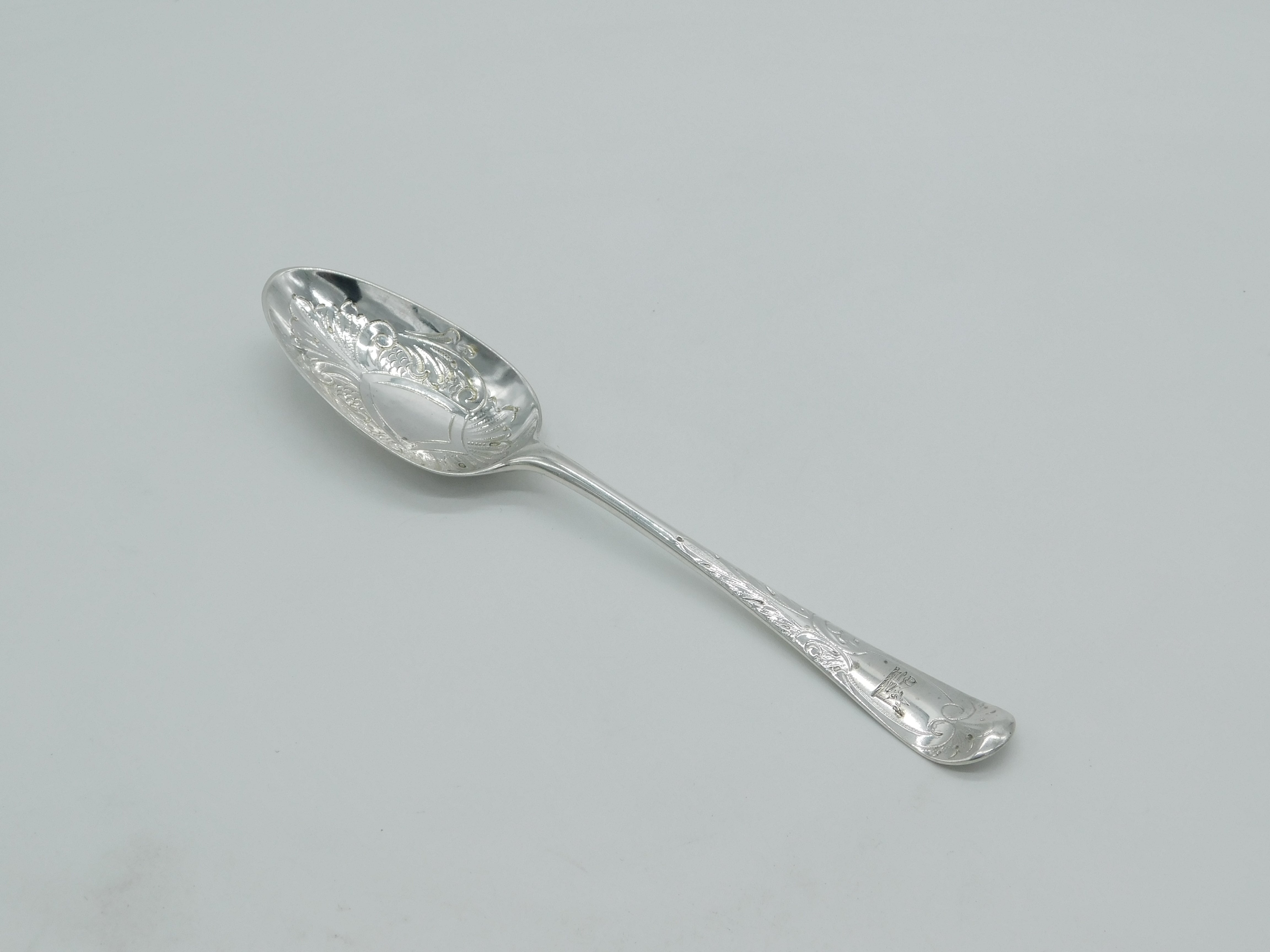 George II Sterling Silver Boar Crest Floral Serving Spoon Antique c1750 London
