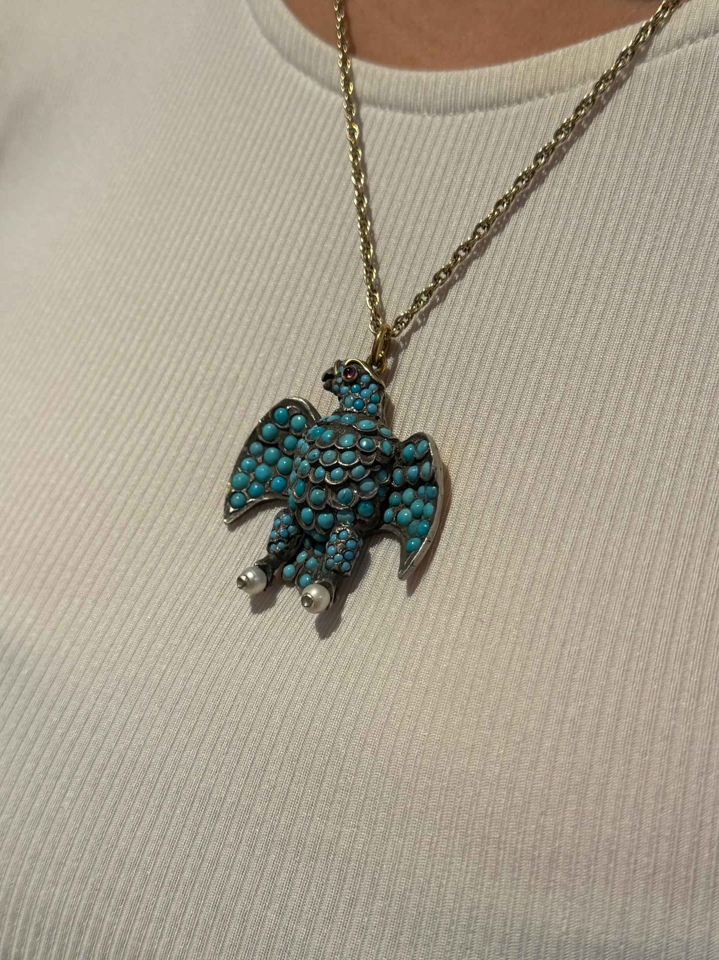 Georgian 18ct Gold & Silver Pave Set Turquoise Eagle Mourning Pendant Antique c1830