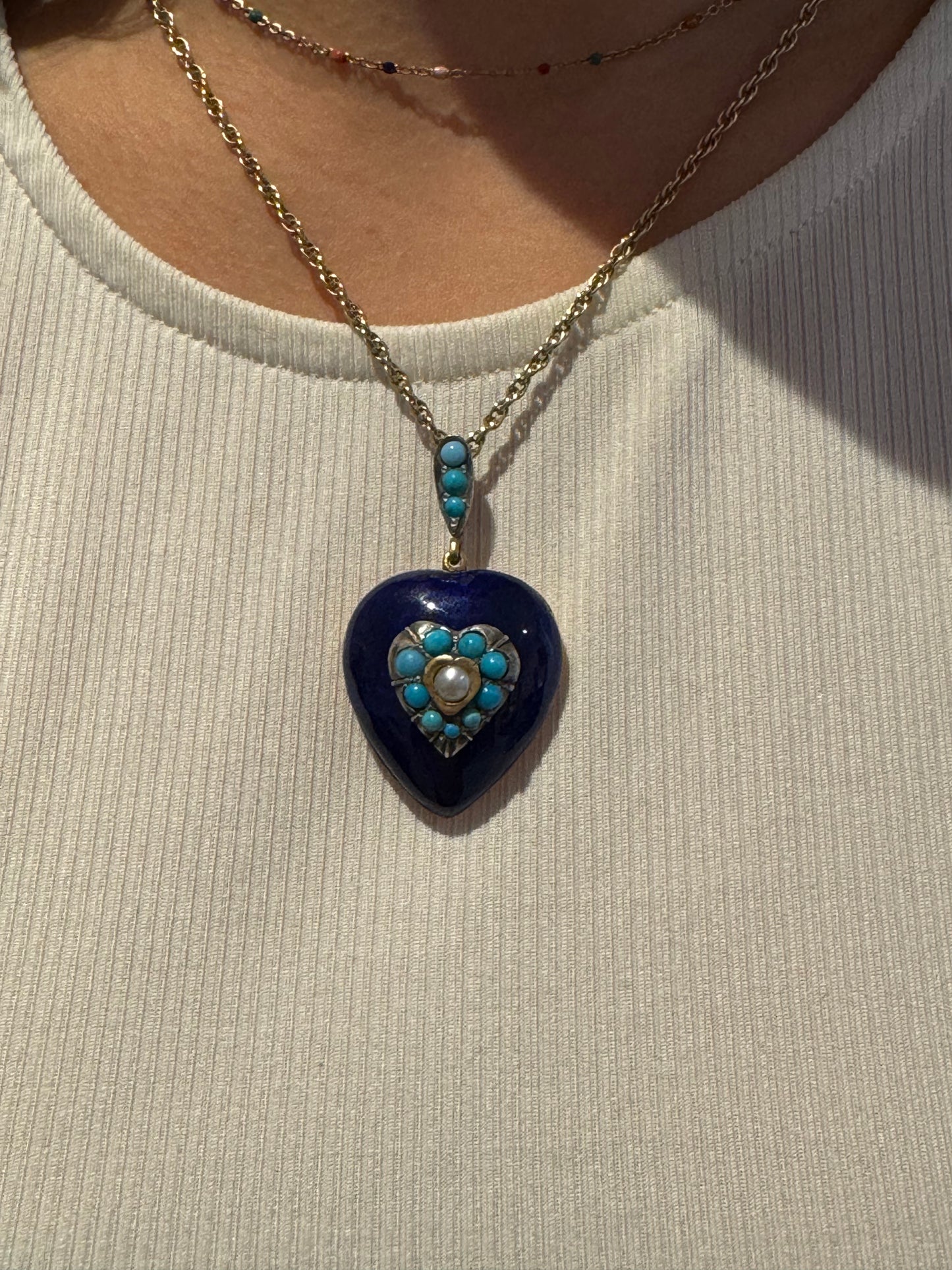 Victorian 18ct Gold, Blue Enamel, Turquoise & Pearl Heart Pendant c1840 Antique