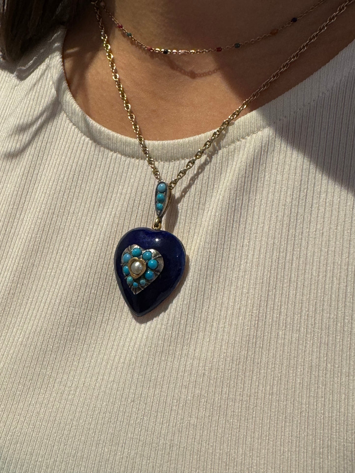 Victorian 18ct Gold, Blue Enamel, Turquoise & Pearl Heart Pendant c1840 Antique