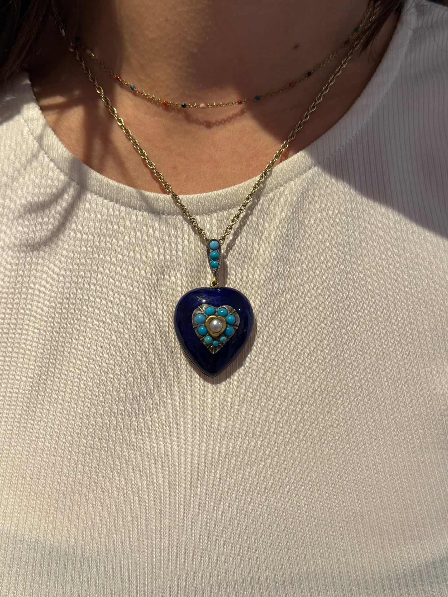 Victorian 18ct Gold, Blue Enamel, Turquoise & Pearl Heart Pendant c1840 Antique