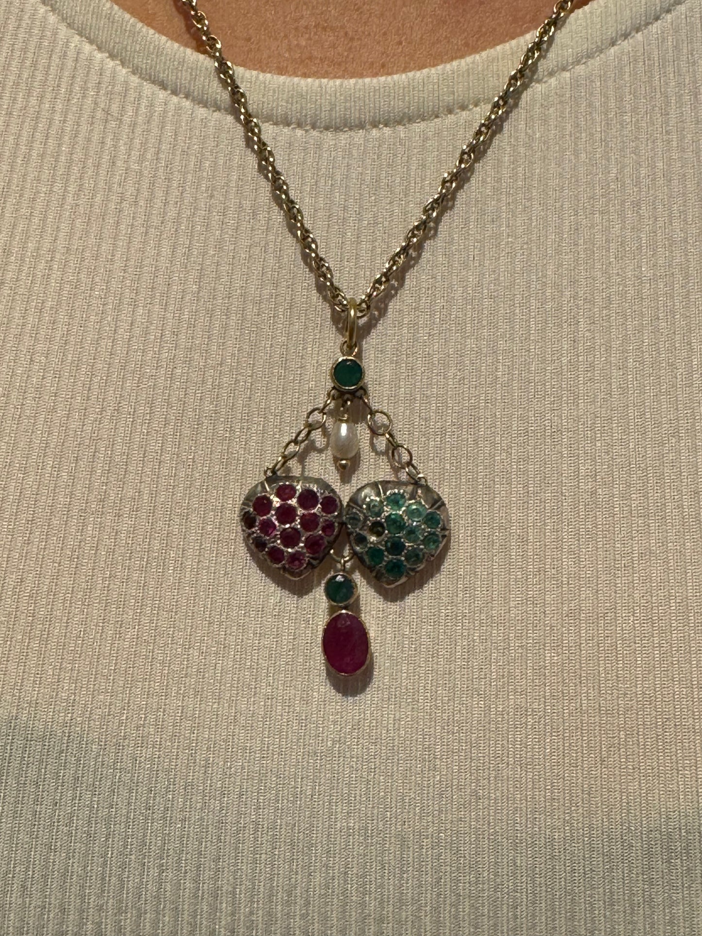 Georgian 18ct Gold, Ruby, Emerald & Pearl Set Lavalier Sweetheart Drop Pendant c1820