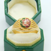 Portuguese 19ct Yellow Gold & Enamel Flag Signet Ring Antique c1930 Art Deco