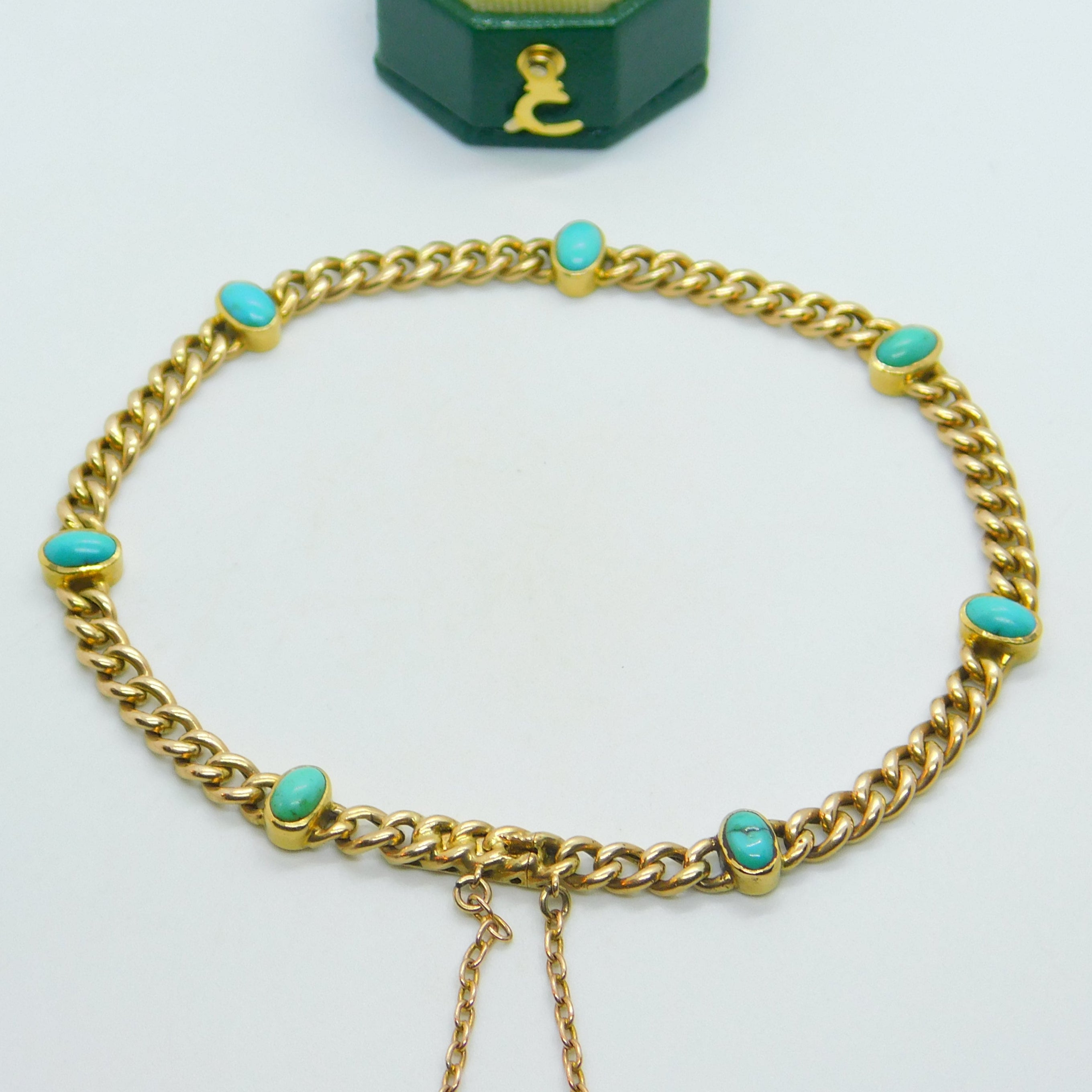 Victorian 15ct Gold & Cabochon Turquoise Set Chain Bracelet Antique c1890