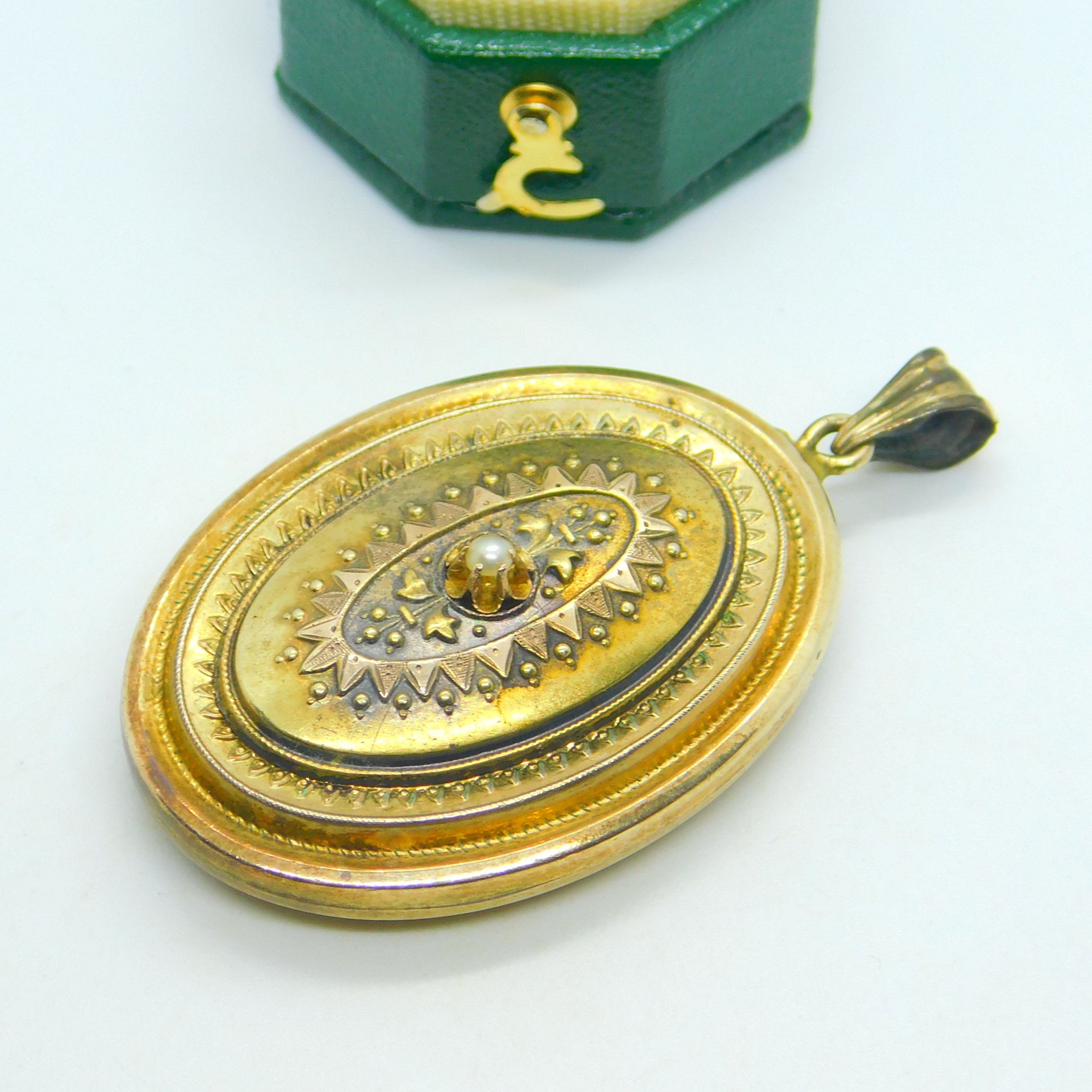 Victorian 15ct Yellow Gold & Seed Pearl Etruscan Revival Locket Antique c1860