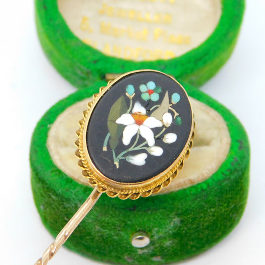 Victorian 18ct Gold Mounted Pietra Dura Floral Pattern Stick Pin Antique c1860