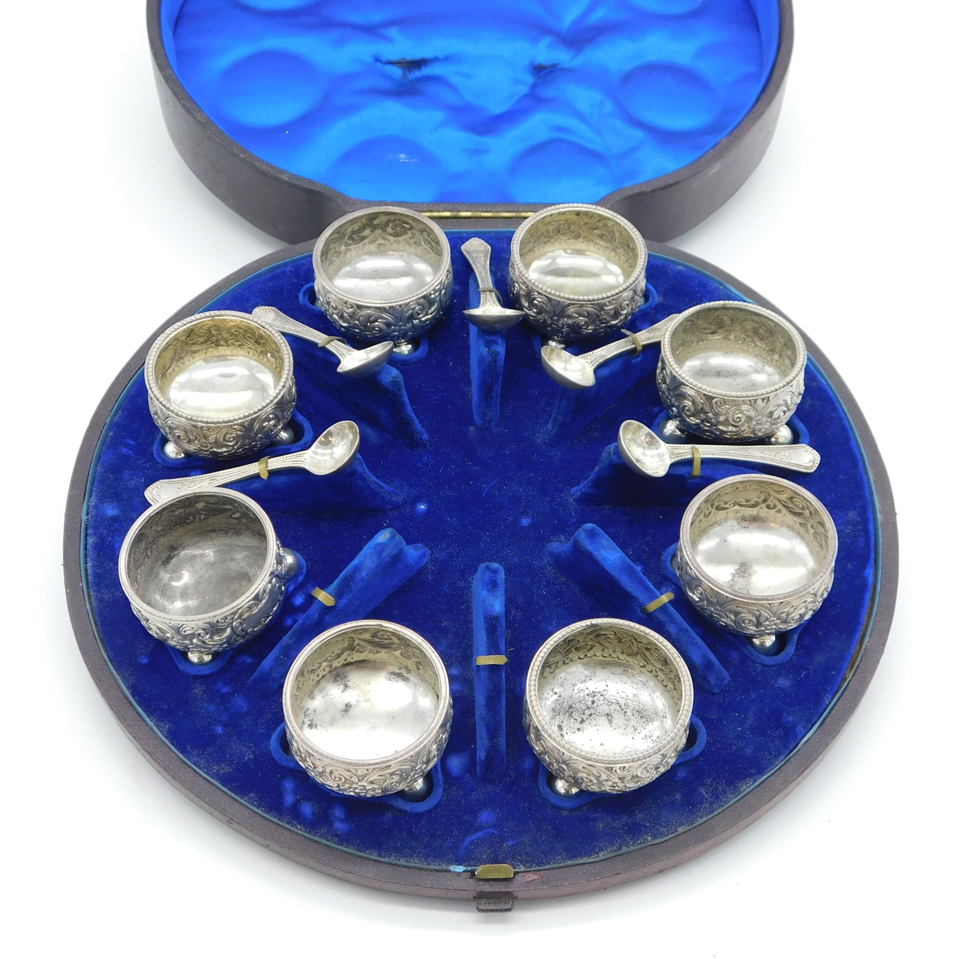 Victorian Boxes Set of Eight Sterling Silver Floral Salt Cellars Antique 1881 London