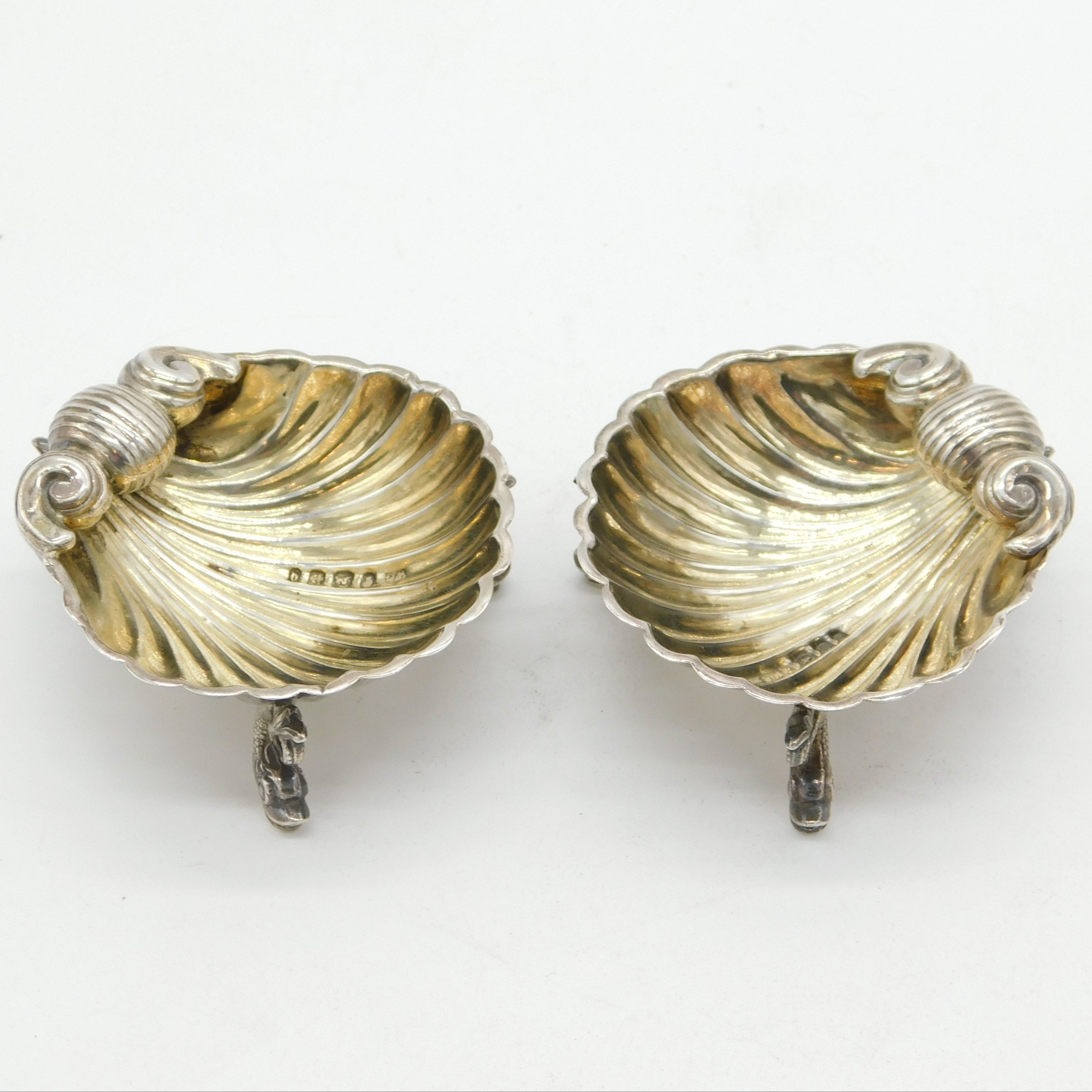 Victorian Pair of Sterling Silver Dolphin & Shell Salt Cellars Antique 1865 Birmingham