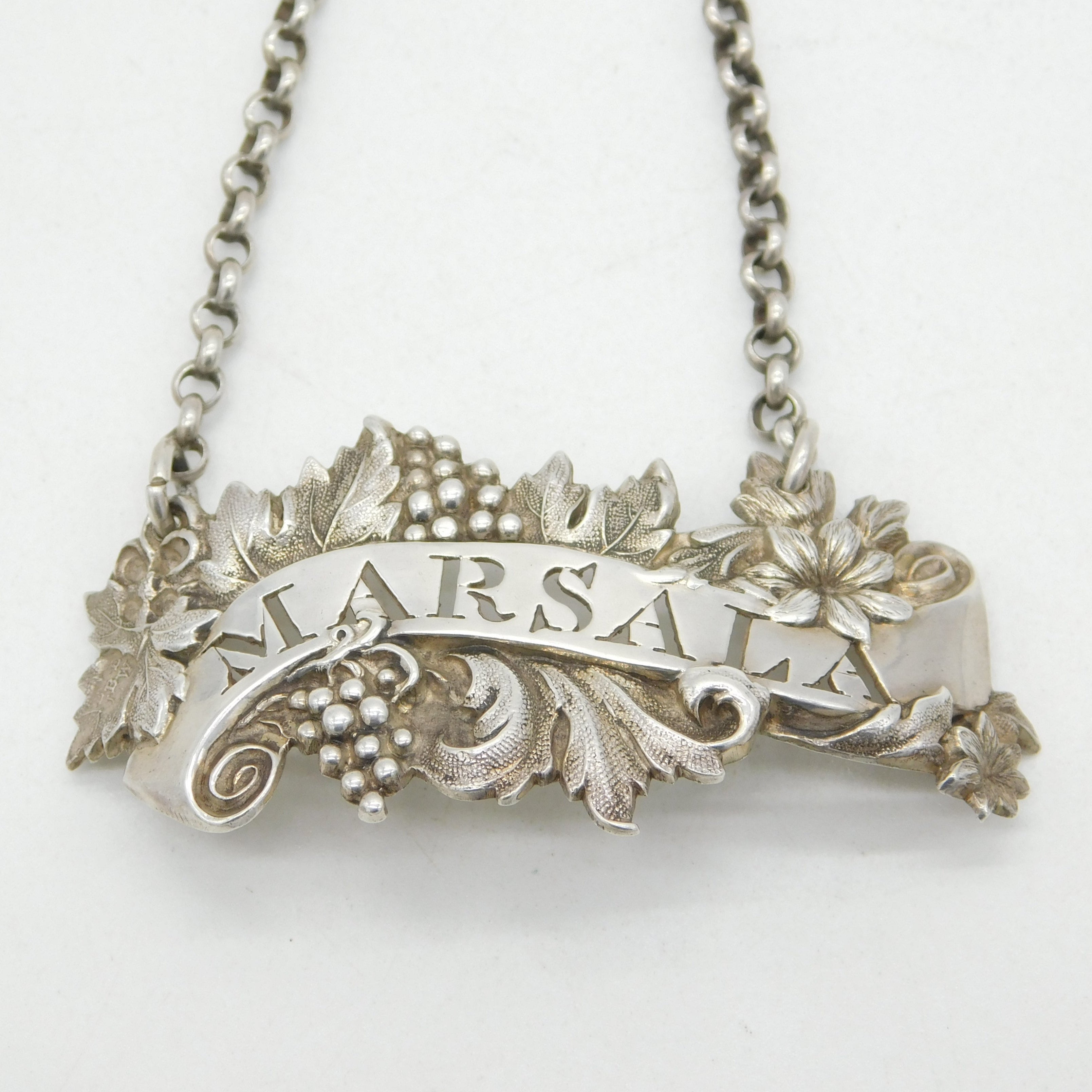 Victorian Sterling Silver Floral Pattern Marsala Decanter Label Antique 1844 London