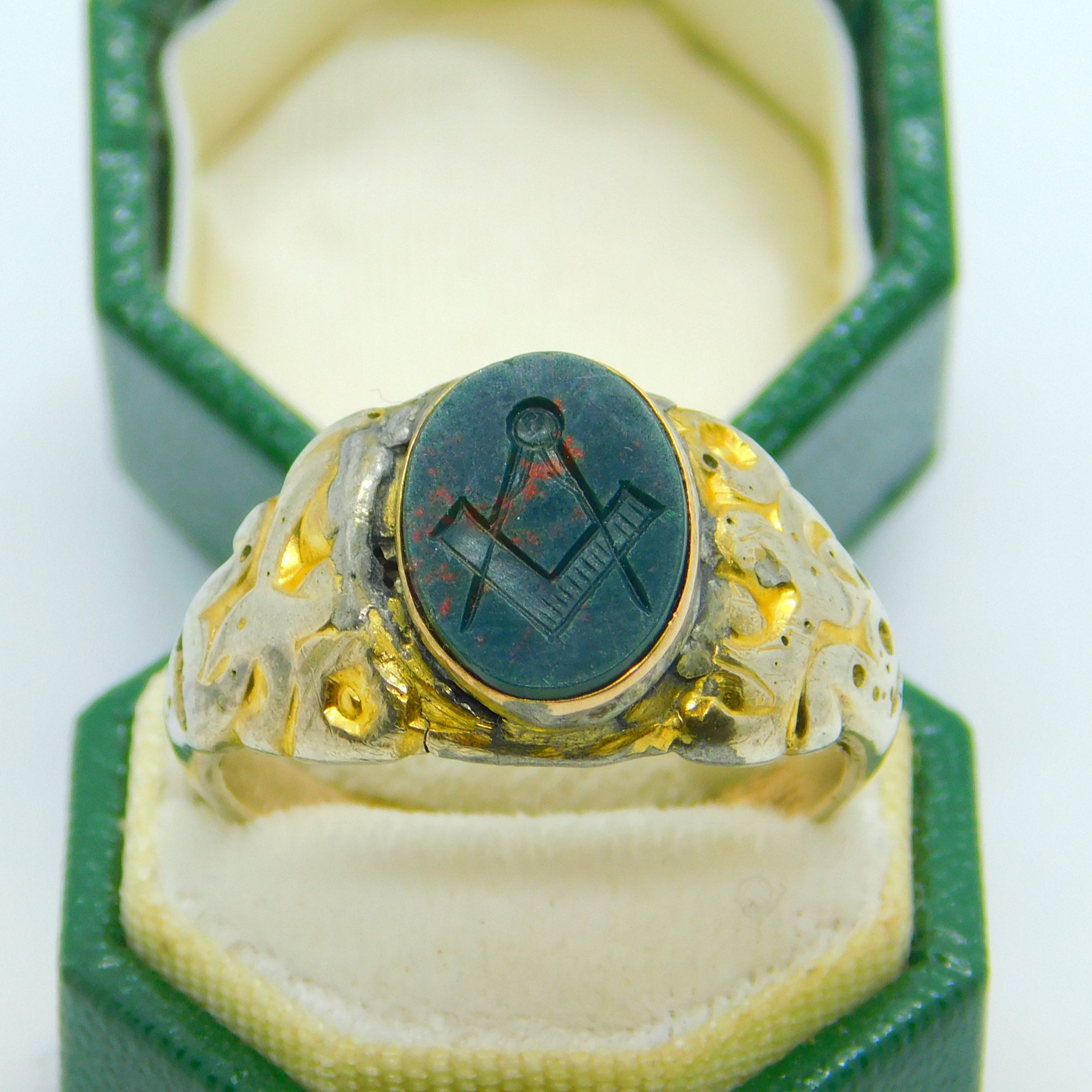 Victorian Sterling Silver Gilt Carved Bloodstone Masonic Intaglio Signet Ring c1840