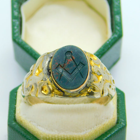 Victorian Sterling Silver Gilt Carved Bloodstone Masonic Intaglio Signet Ring c1840
