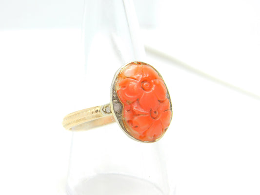 Carved Chrysanthemum Flower Coral Diamond Shoulder 14ct Yellow Gold Ring Vintage Art Deco