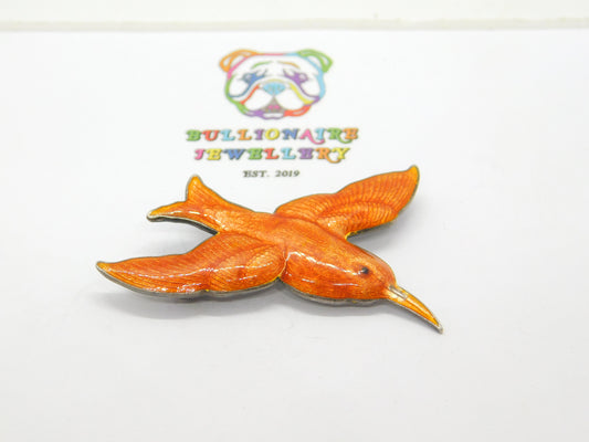 Norwegian Sterling Silver Enamel Orange Hummingbird Brooch Antique Art Deco c1920