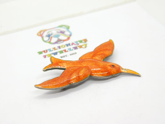 Norwegian Sterling Silver Enamel Orange Hummingbird Brooch Antique Art Deco c1920