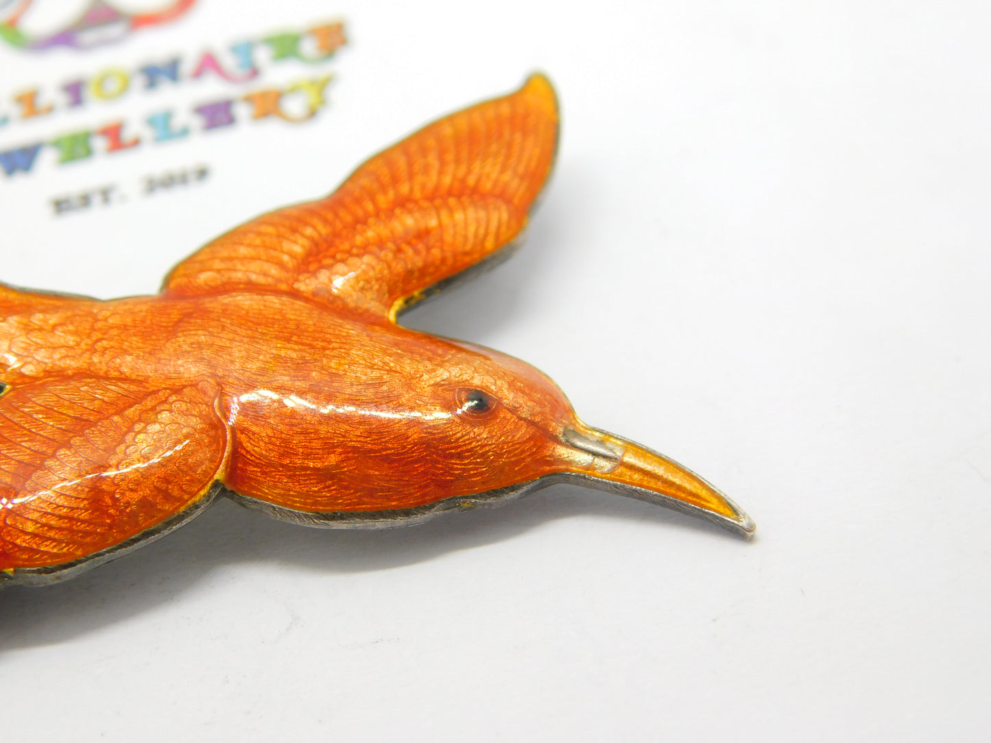 Norwegian Sterling Silver Enamel Orange Hummingbird Brooch Antique Art Deco c1920