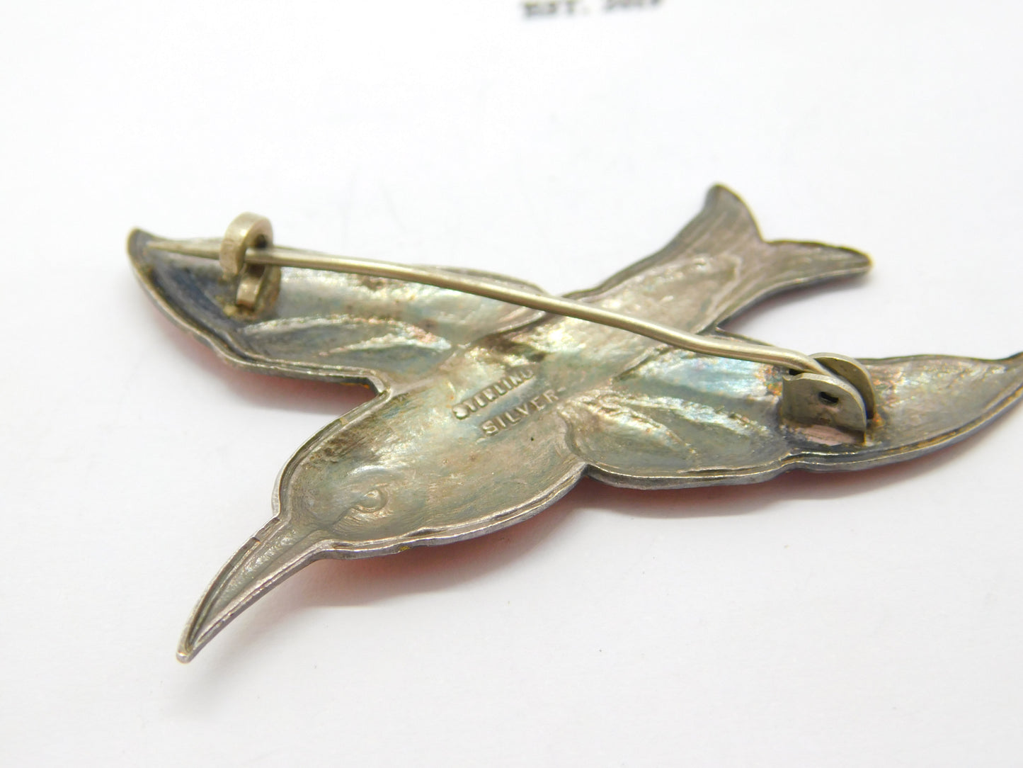 Norwegian Sterling Silver Enamel Orange Hummingbird Brooch Antique Art Deco c1920